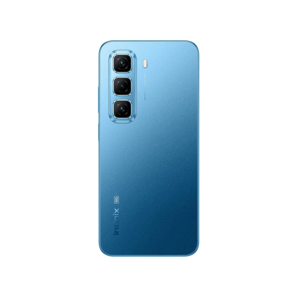 a smartphone Infinix Hot 50 5G in color blue with triple vertical camera at the back panel