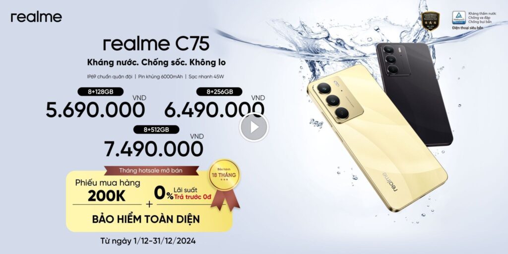 A promotional image showcasing the Realme C75 smartphone in gold and black. The phone is partially submerged in water, emphasizing its IP69 water and dust resistance. The ad displays pricing for different storage configurations (8GB+128GB, 8GB+256GB, 8GB+512GB) in Vietnamese Dong (VND), along with a promotional offer including a voucher and insurance.