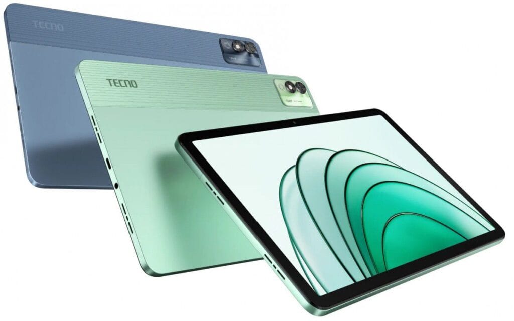 Tecno MegaPad 11 Tablet Unveiled with MediaTek Helio G99 Processor 1 A promotional image showcasing the Tecno MegaPad 11 tablet in two colors: a light teal green and a muted blue-gray. The tablets are angled to display both the front and back, highlighting their slim design and the camera module on the back. The screen displays an abstract design of concentric teal circles.