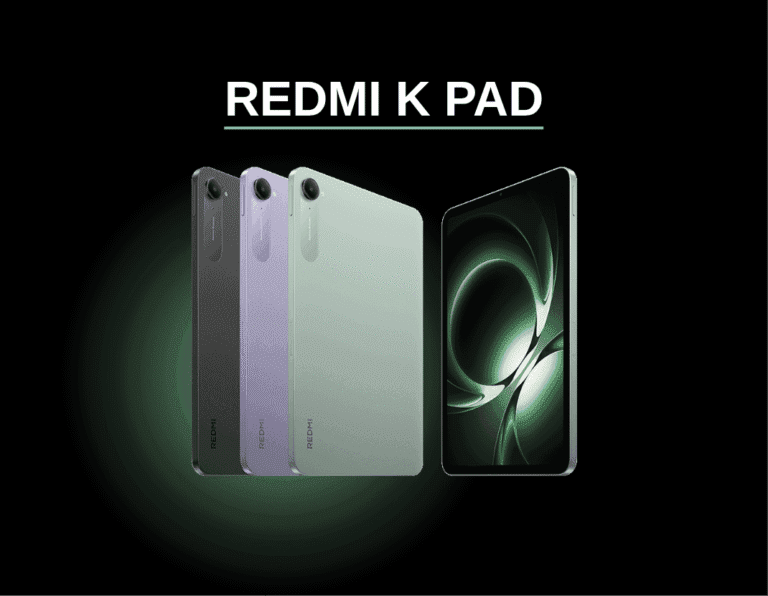Product shot of the Redmi K Pad (Xiaomi Pad Mini) global version. Three tablets are displayed in black, light purple, and light green, alongside a larger image showcasing the tablet's screen.