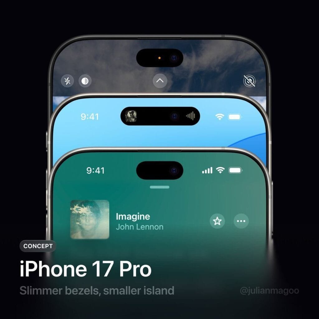 A conceptual image showcasing the iPhone 17 Pro with a reduced Dynamic Island and thinner bezels. The display shows various interface elements.