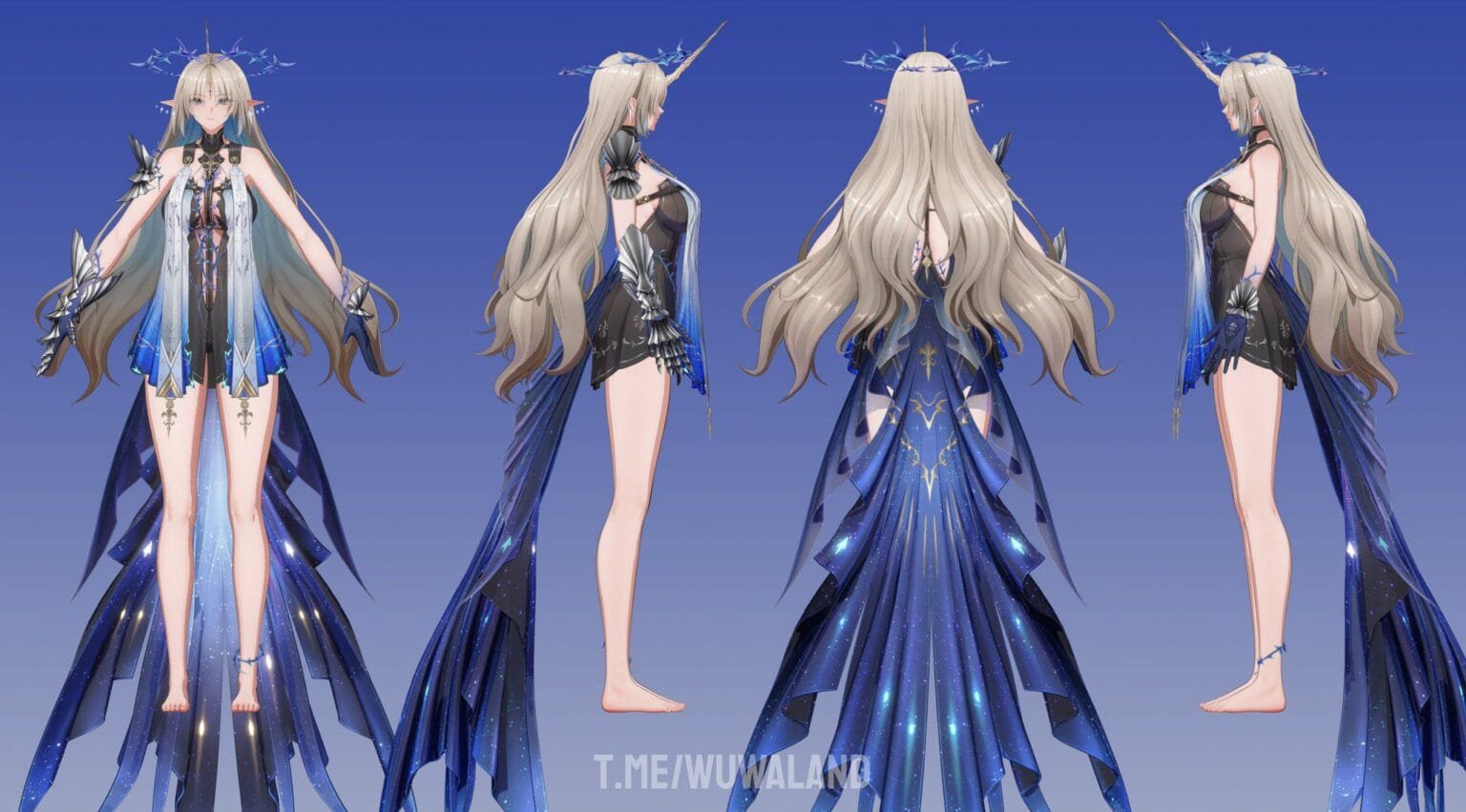 A four-panel digital rendering of Cartethyia from Wuthering Waves Version 2.2, showing a full 360-degree view of her character model. She has long blonde hair, a dark blue and white outfit with a long train, and a crown-like headpiece. The style is anime-inspired.
