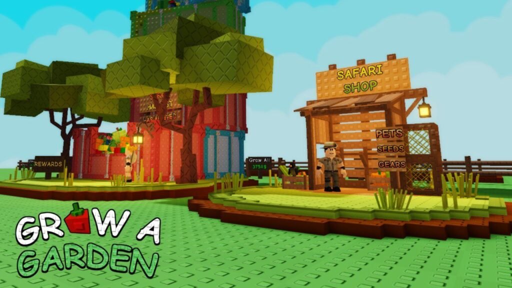 Screenshot from Roblox game 'Grow a Garden' featuring the 'Safari Shop' with options for pets, seeds, and gears, next to a 'Rewards' area, all in a blocky, colorful style.
