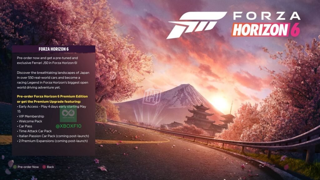 Forza Horizon 6 promo image: Scenic road with cherry blossoms, Mount Fuji and Japanese architecture under sunset. Text details pre-order offers, credited to @XBOXF10.