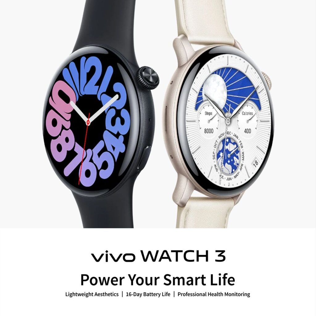 a smart device vivo watch 3 with aesthetic design with black and white color variants.