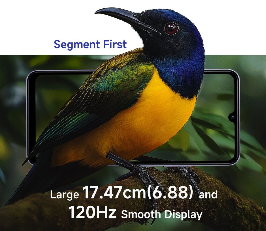 a smartphone with a bird standing on the front panel