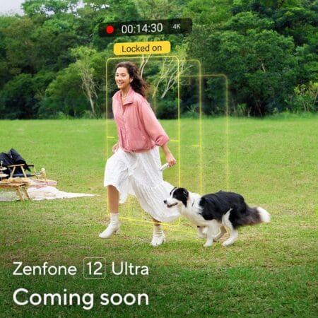 A woman and her dog are running in a park. A phone screen overlay shows a video recording with "Locked on" indicating the subject tracking feature of the Asus Zenfone 12 Ultra, coming soon.