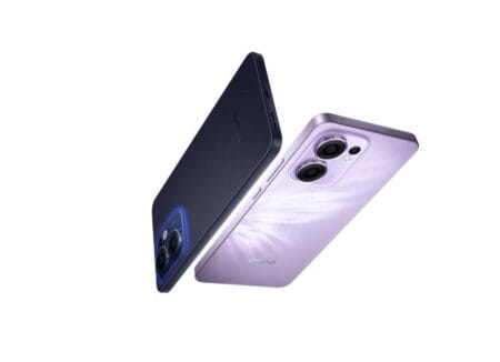 Two Oppo Reno 13F series smartphones, one in dark blue and one in light purple, are shown from an elevated angle, showcasing their rear camera designs and sleek bodies. The phones appear to be floating against a white background.