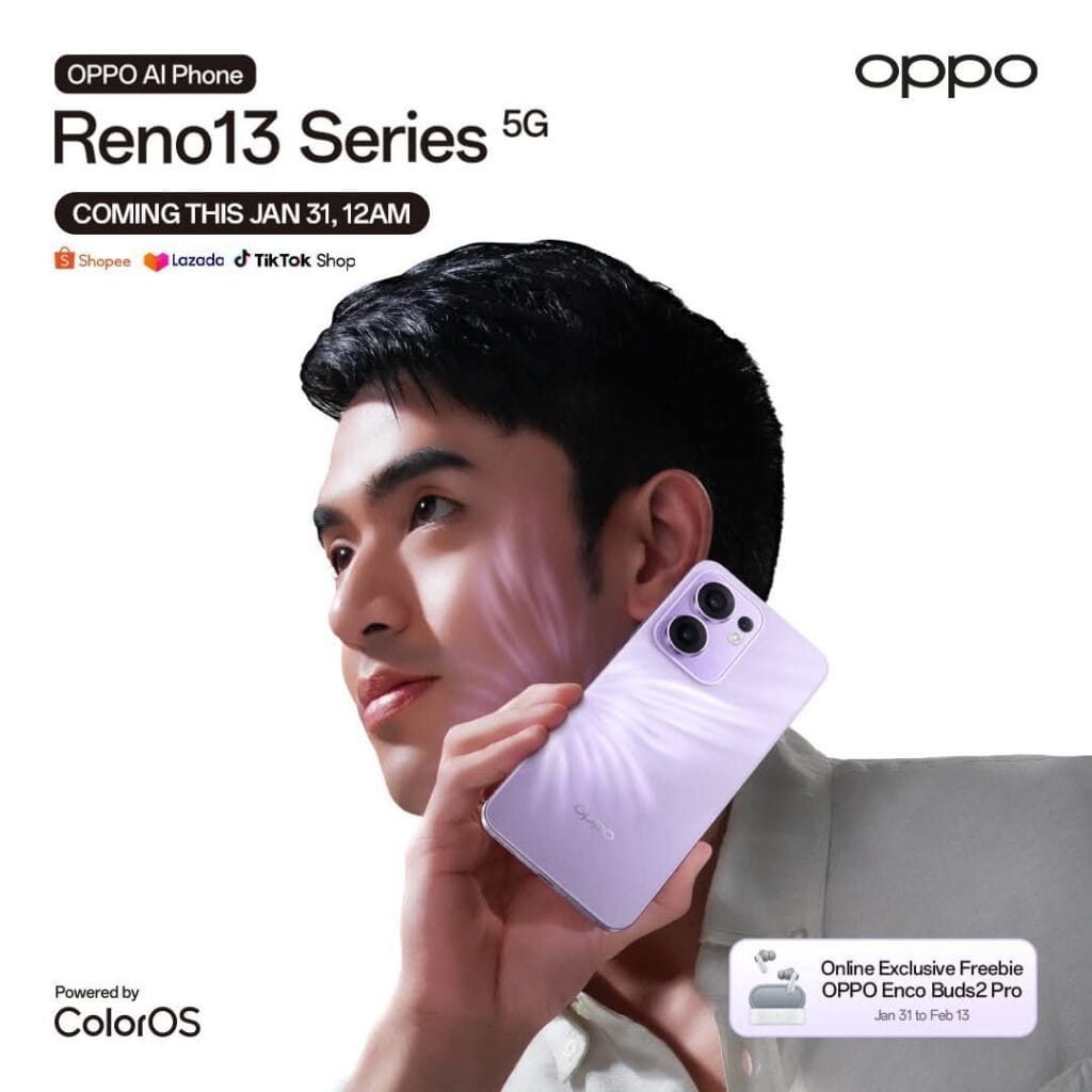 Product shot of the Oppo Reno 13 Series 5G phone in a light purple color. A man is shown holding the phone to his ear, highlighting its design. Text overlay announces the phone's launch on January 31st at 12 AM, with pre-orders available on Shopee, Lazada, and TikTok Shop. An online exclusive freebie of OPPO Enco Buds2 Pro earbuds is also advertised, valid until February 13th. The phone is powered by ColorOS.