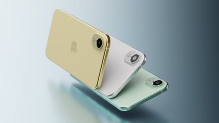 Rendered image showing three iPhone 17 Air mockups, showcasing a slim design in gold, silver, and a pale green color.