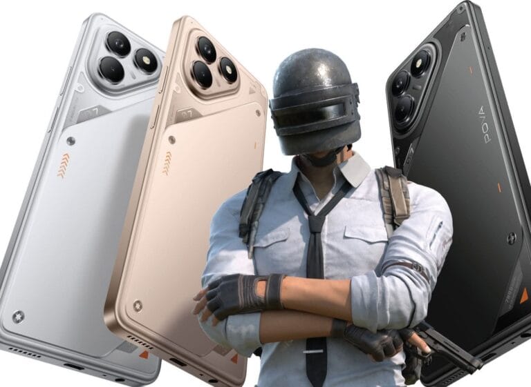 Three Tecno Pova 7 5G smartphones displayed, showcasing their silver, gold, and black color options. A person wearing a PUBG-style helmet and tactical gear stands behind the phones.