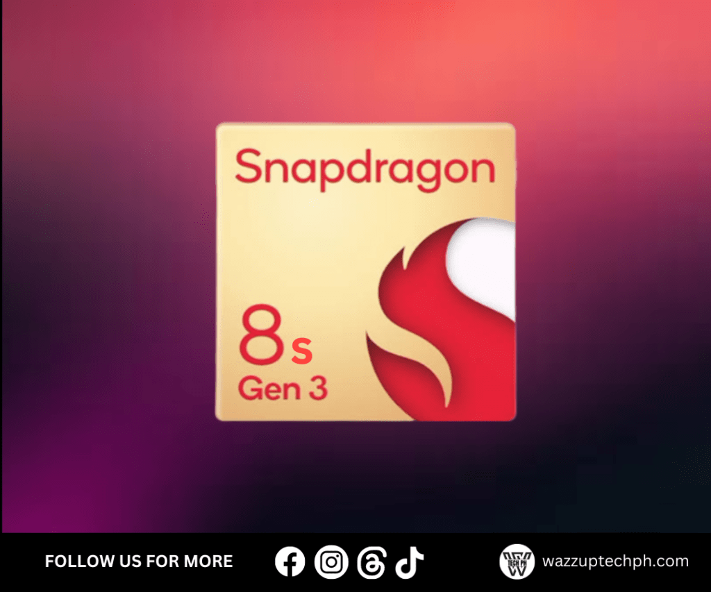 Snapdragon 8s Gen 3 logo on a gradient background with social media and website information.