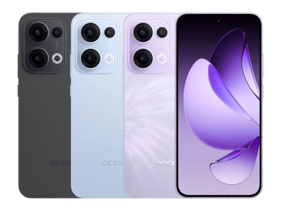 Four OPPO Reno 13 5g smartphones are displayed, showcasing a range of colors: dark gray, light blue, lavender, and a lighter shade of lavender. The phones have a similar design, featuring a prominent camera array on the back. One phone shows a close-up of its screen displaying an abstract purple design. The image highlights the phone's color options and design.