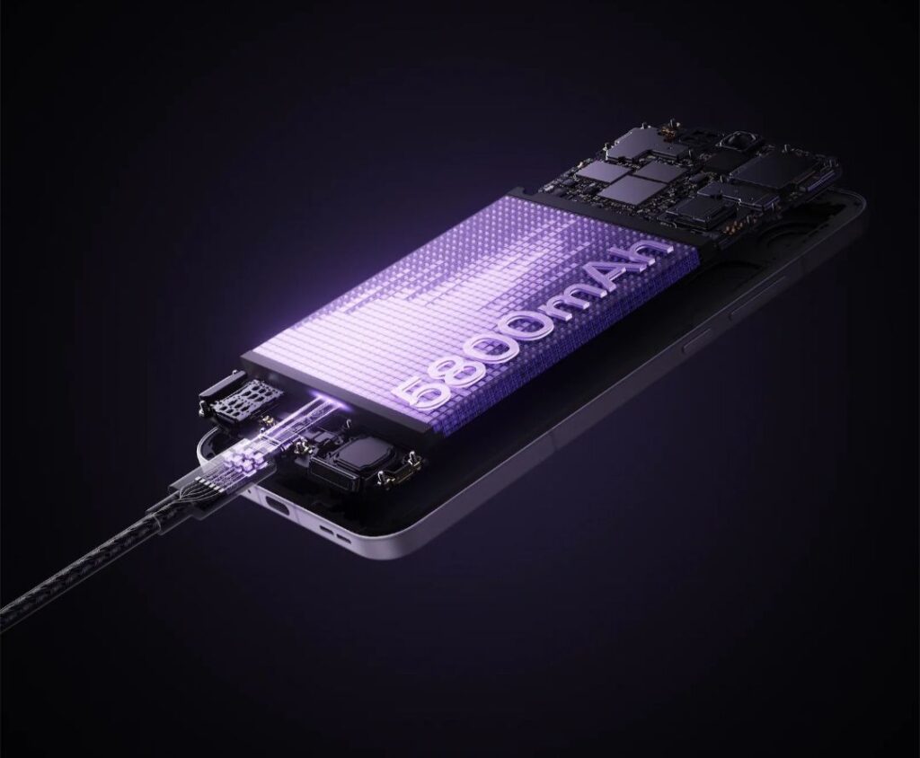 A cutaway illustration of a smartphone reveals a large 5800mAh battery, glowing with a purple light.  The internal circuitry is also visible, and a charging cable is connected to the phone. The image is set against a dark background.