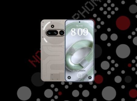 A promotional image shows a sleek, light beige Nothing Phone 3a series from the front and back. The back features a unique, transparent design with visible internal components and a circular camera array. The front displays a minimalist clock face on a light green abstract background. The phone is set against a dark background with a pattern of varying sized circles.