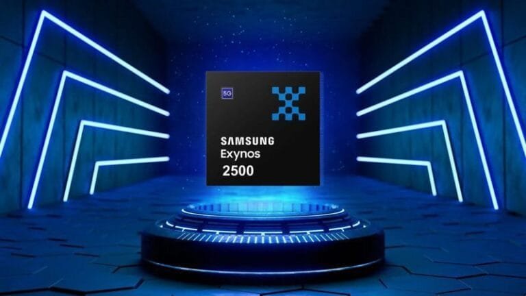 A dark, futuristic-looking room is illuminated by bright blue neon lights arranged in geometric patterns on the walls. In the center, a sleek, dark platform displays a high-resolution image of the Samsung Exynos 2600 chip, which is prominently featured. The chip's design is clearly visible.