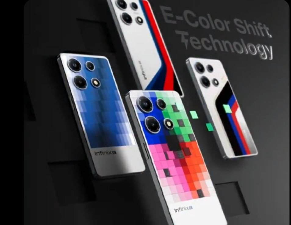 Promotional graphic for the Infinix Note 60 Series, showcasing rear designs with 'E-Color Shift Technology'. The image features multiple smartphones against a dark gray background—backs display varied styles including pixelated color gradients (blue, rainbow-hued), and geometric red/blue/black accents. Each phone has a quad-camera module, and the brand name 'Infinix' is visible on the lower section of the casings. Text in the background reads 'E-Color Shift Technology' to emphasize the dynamic visual feature.
