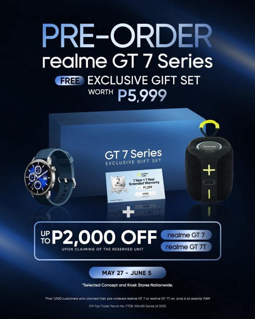Realme GT 7 Series Philippines: IceSense Graphene Back Cover, 7,000mAh Battery, and 120W Fast Charge 4 Pre-order the Realme GT 7 series and receive a free gift set valued at ₱5,999, including a smartwatch and Bluetooth speaker. Plus, get up to ₱2,000 off upon claiming your reserved unit. Promotion valid May 27 - June 5 at select stores.