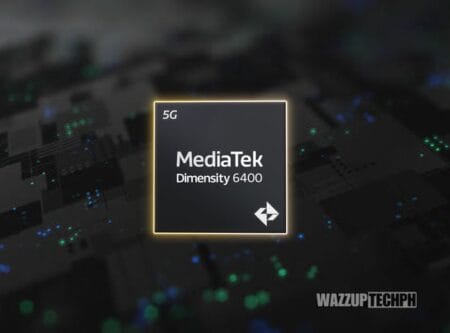 Close-up view of a MediaTek Dimensity 6400 chip, depicted as a dark rectangular component with the MediaTek logo and 'Dimensity 6400' text prominently displayed. The chip is subtly highlighted with a golden glow. The background is blurred, showing a circuit board with glowing green and blue points, suggesting a technological context. The watermark 'WAZZUPTECHPH' is visible in the bottom right corner.