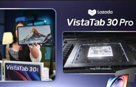 The iTel VistaTab 30 Pro tablet launch event is promoted in this image. A woman holds up the large tablet, which displays a mountain scene. A close-up shows the tablet's MediaTek Helio G99 Ultimate processor. The Lazada logo is prominently displayed, indicating online availability. The overall color scheme is dark with bright accents.