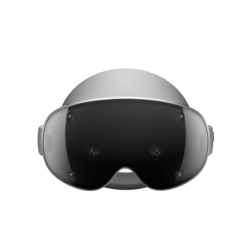 Samsung Galaxy XR A sleek, futuristic-looking silver Samsung Galaxy XR headset is centered against a black background, highlighting its smooth contours and advanced sensor array.