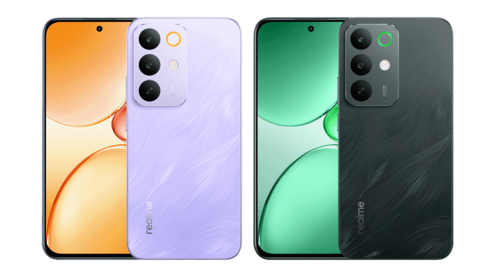 Image showcasing the Realme C85 series in two color variants: Parrot Purple and Peacock Green, highlighting the design.