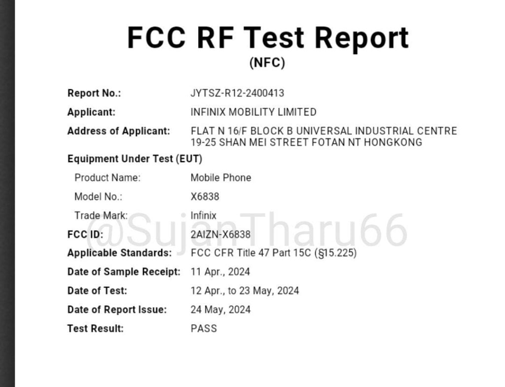 infinix note 49x fcc rf test report