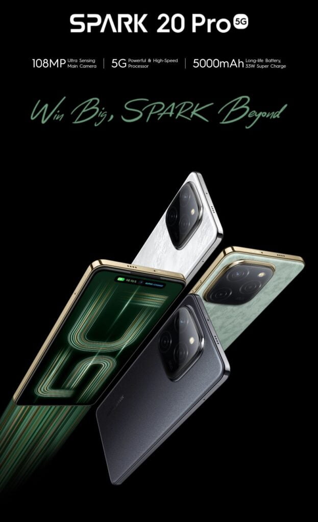 Tecno Spark 20 Pro 5G Features: Mediatek Dimensity 6080, 5000mAh battery, and 33W fast charging 1 a promotional phone, tecno spark 20 pro 5g features
