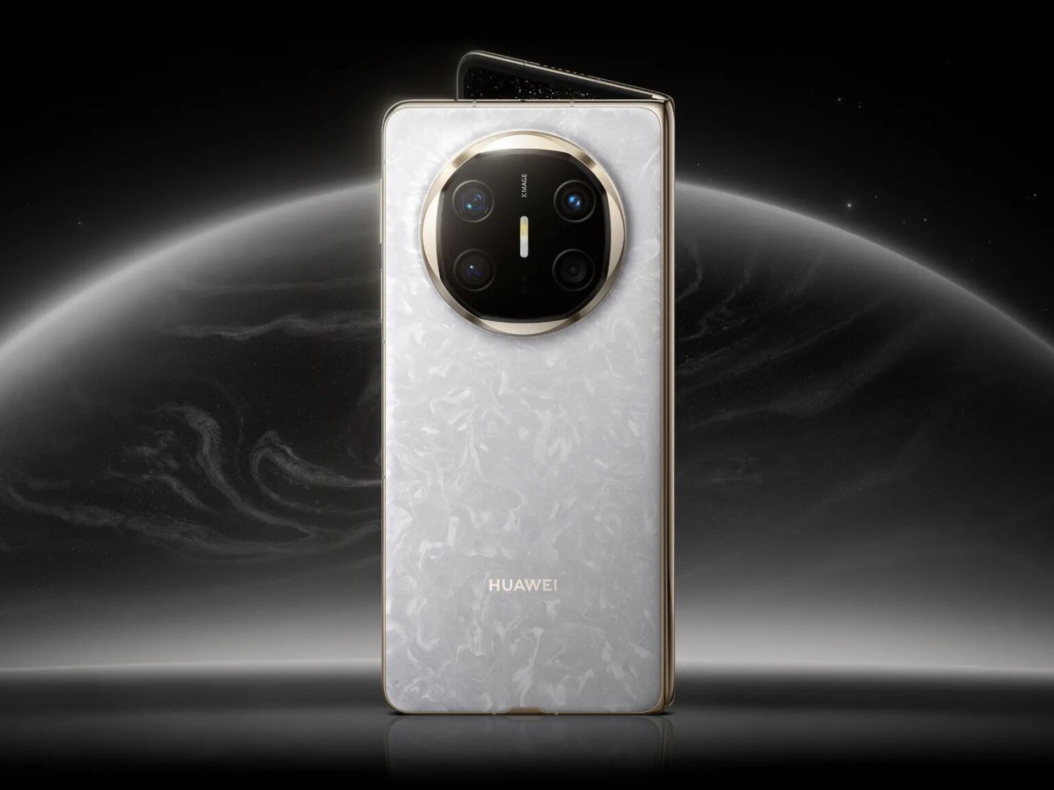 Huawei Mate X6 foldable phone, white color variant, partially unfolded, against a dark space background.