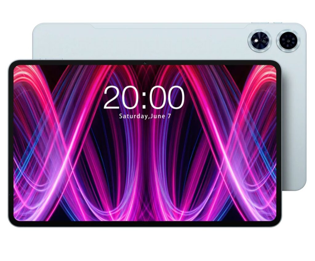 A Teclast T60 Plus tablet is shown, displayed at an angle with its screen facing the viewer. The screen shows a vibrant abstract background of pink and purple light streaks, along with the time 20:00 and date Saturday, June 7. A slightly smaller version of the same tablet is visible behind the main one, possibly a protective case or cover. The rear of the tablet shows a dual-lens camera.