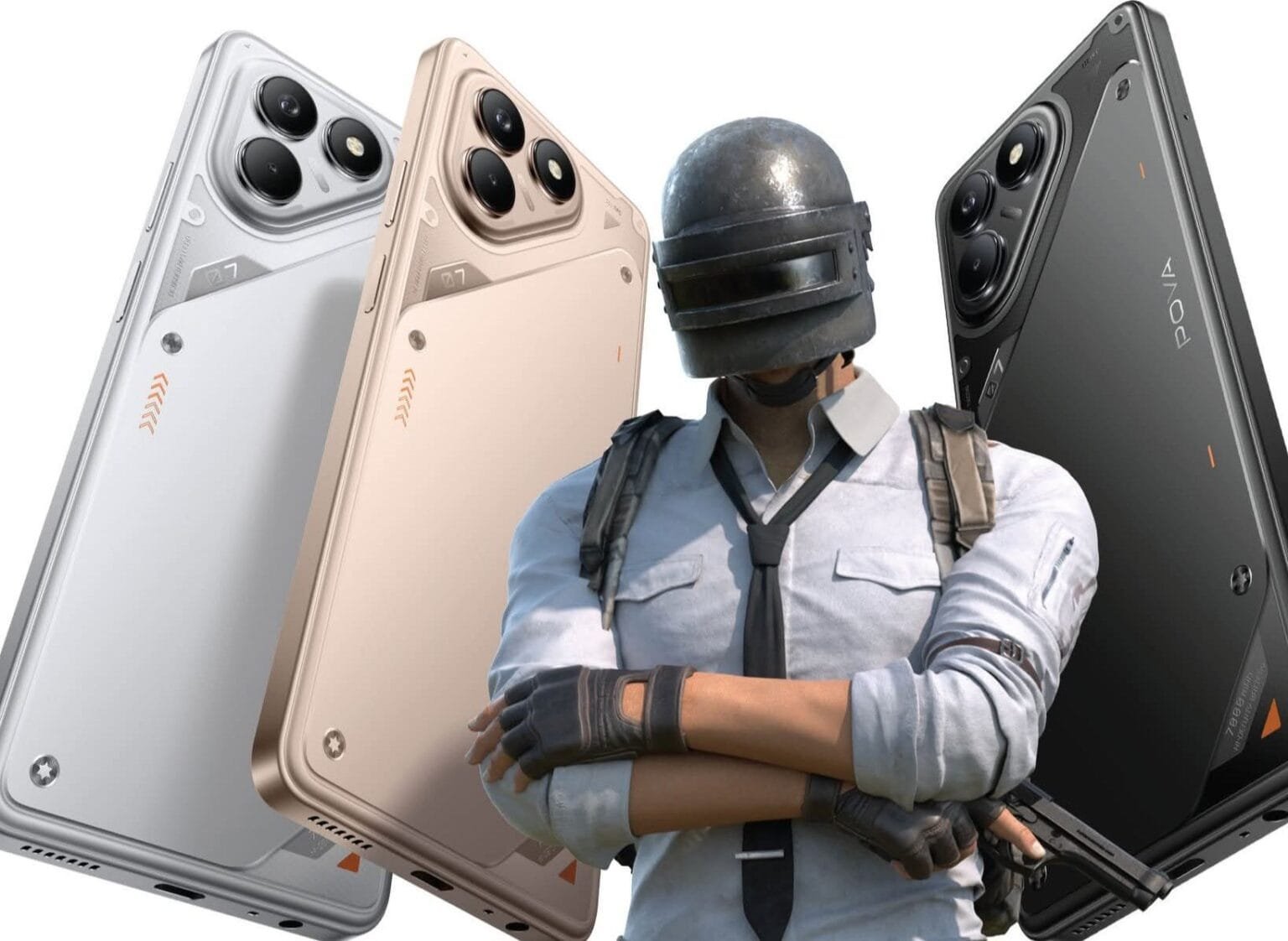 Tecno Pova 7 4G | 6.78″ LCD Display, Helio G100 Ultimate, and Massive 7,000mAh Battery Three Tecno Pova 7 5G smartphones displayed, showcasing their silver, gold, and black color options. A person wearing a PUBG-style helmet and tactical gear stands behind the phones.