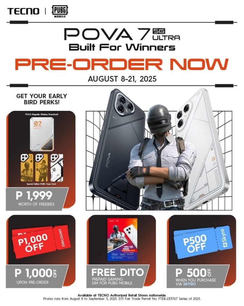 Promotional poster for Tecno Pova 7 Ultra featuring PUBG Mobile collaboration, pre-order details, and early bird perks.