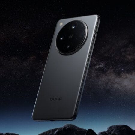 A sleek, dark gray Oppo Find X8 Ultra smartphone hovers against a backdrop of a starry night sky and a rocky, moon-like landscape. The phone's back features a prominent circular camera module with multiple lenses.