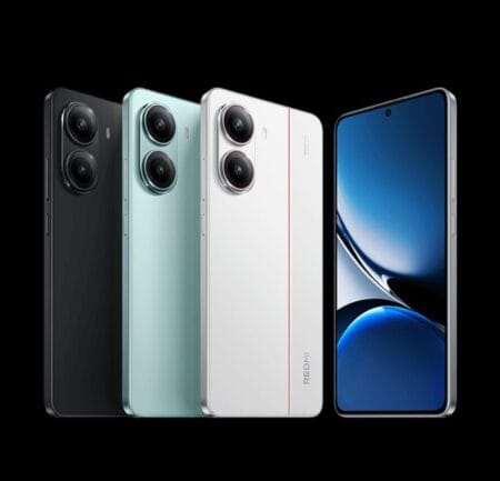 Redmi Turbo 4 smartphones in black, light blue, and white. Learn more about the price and availability in China. (Only use this if the image is part of a larger context discussing price.)