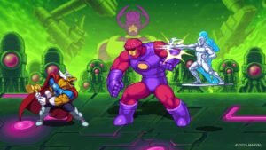 Pixel art scene from Marvel's Cosmic Invasion game showing a battle between colorful cosmic heroes and villains on a futuristic green-lit platform, with large machinery and a cosmic background.