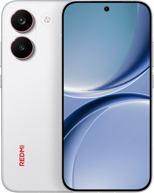 Redmi Turbo 5 and Turbo 5 Max Launched in China: Dimensity 8500-Ultra and 9500s, Up to 9,000mAh Battery 2 Redmi Turbo 5 smartphone, showing both front and back views. Back: sleek white finish, vertical dual-camera module with red ring accents, red "REDMI" branding. Front: 6.59-inch curved 1.5K OLED display with central punch-hole selfie camera, abstract blue bubble-themed wallpaper.