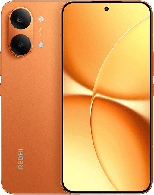 Redmi Turbo 5 and Turbo 5 Max Launched in China: Dimensity 8500-Ultra and 9500s, Up to 9,000mAh Battery 3 Redmi Turbo 5 Max (Sunrise Orange variant), showing front and back views. Back: Matte orange finish, vertical dual-camera module (50MP OmniVision Light Fusion 600 + 8MP ultra-wide) with dual flash, silver "REDMI" branding. Front: 6.83-inch flat OLED 1.5K display, central punch-hole 20MP selfie camera, warm orange-yellow abstract circular-patterned wallpaper.