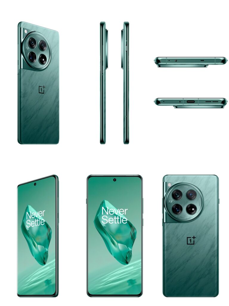 a smartphone oneplus 12 in color green variant showing the quad camera setup deaign in circular camera island.