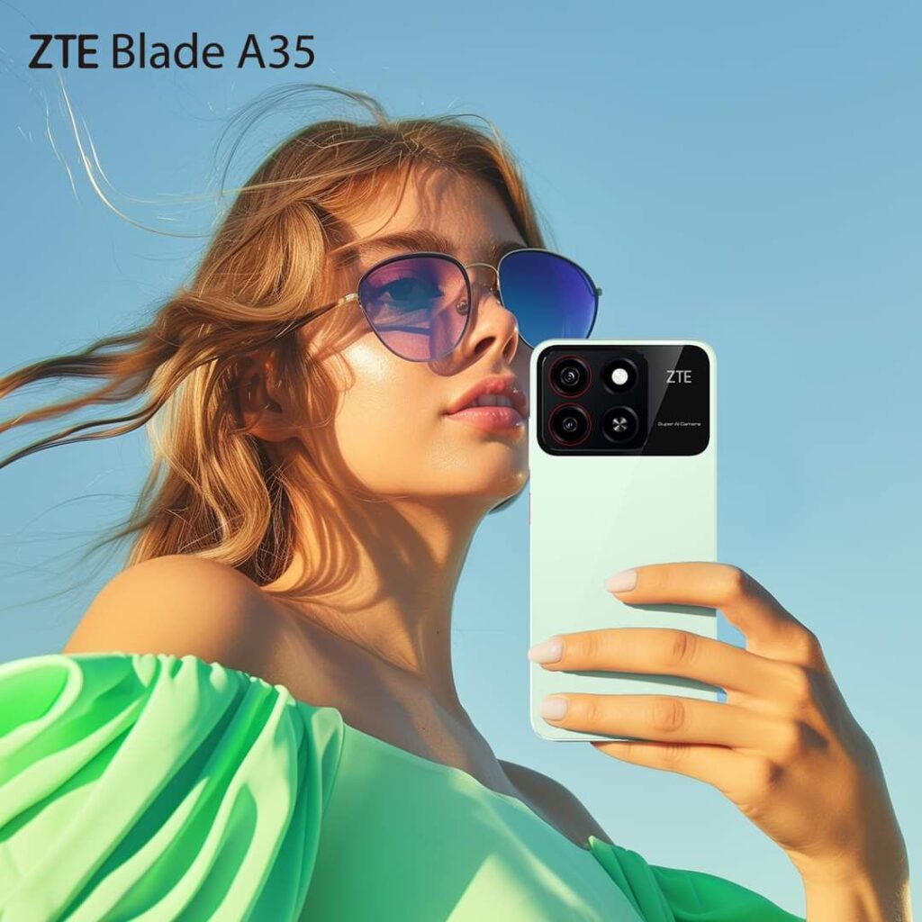 a woman wearing an eyeglashh and holding a smartphone nubia zte blade a35.