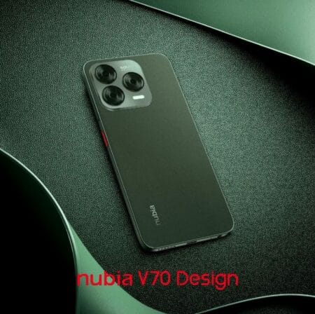 A close-up product shot of the dark green ZTE Nubia V70 smartphone resting on a dark green textured surface. The phone's back is visible, showcasing its camera module and the "nubia" logo subtly embossed near the bottom. The text "Nubia V70 Design" is overlaid at the bottom of the image.