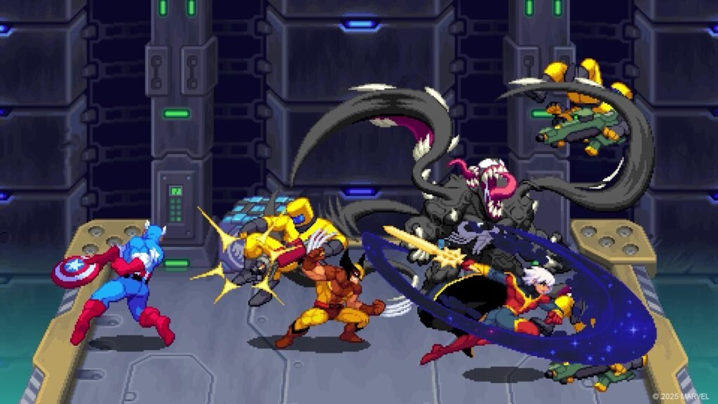 Pixel art scene from Marvel Cosmic Invasion featuring Captain America, Wolverine, and other heroes battling Venom and robotic enemies in a high-tech, metallic-walled base.
