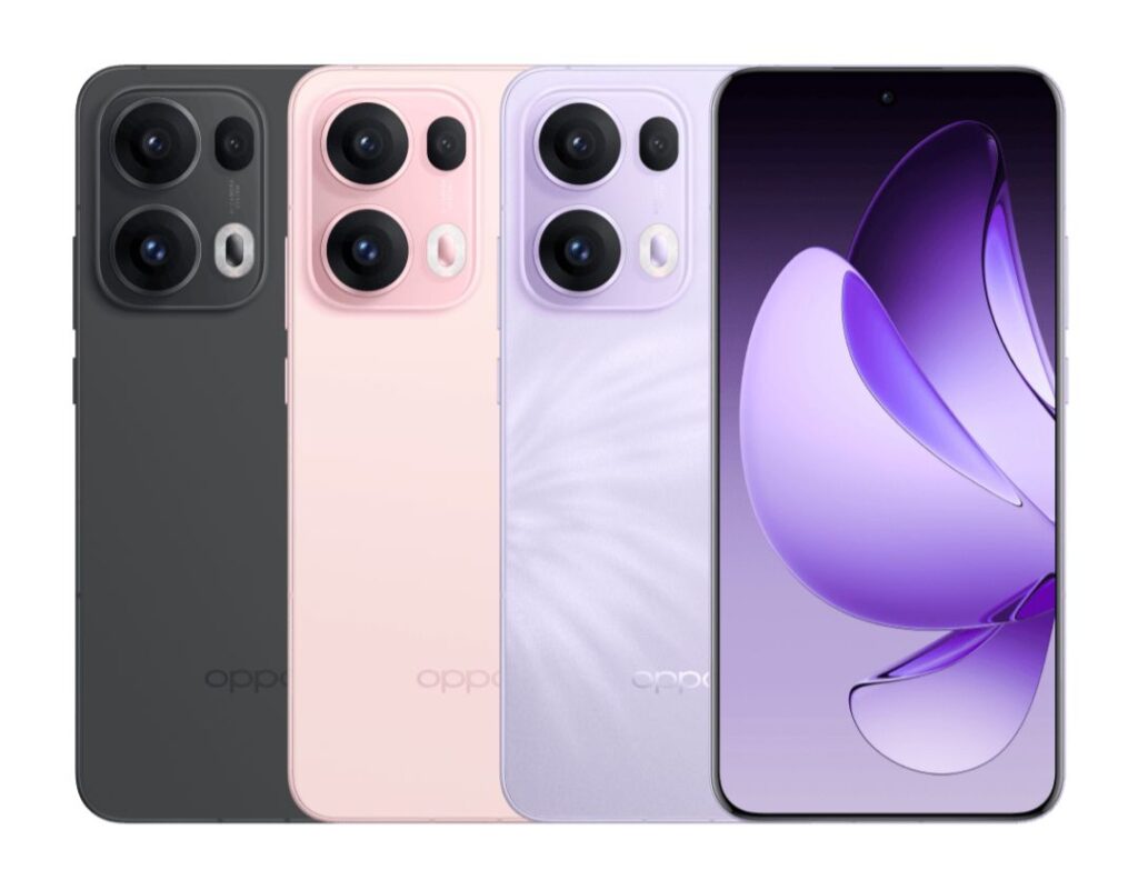 Four OPPO Reno 13 Pro smartphones are shown in a row, each in a different color: black, pink, light purple, and a darker shade of purple. The phones have a similar design, featuring a prominent triple-lens camera on the back. One phone displays a close-up of its screen, showing an abstract purple design. The image highlights the phone's color options and design.