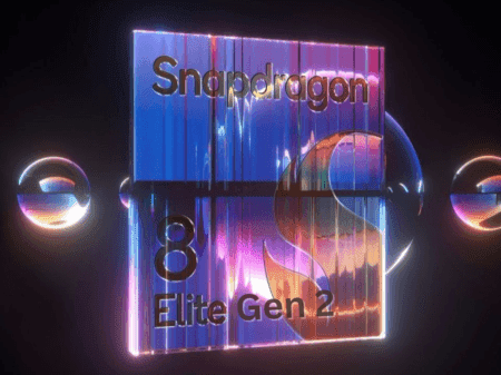 A stylized graphic depicting the Qualcomm Snapdragon 8 Elite Gen 2. The image features a glass-like cube with the text 'Snapdragon' at the top and '8 Elite Gen 2' at the bottom. The cube is illuminated with vibrant, iridescent colors, creating a futuristic and high-tech aesthetic.