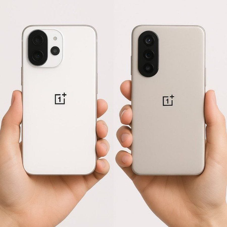 OnePlus Ace 6 Spotted with 7,800mAh Battery and 120W Fast Charging Two hands holding up a white and a beige OnePlus Ace 6 smartphone, showcasing their rear designs with distinct camera arrangements and the OnePlus logo.