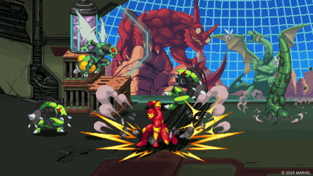 Pixel art from Marvel Cosmic Invasion shows Iron Man battling robotic enemies and monstrous creatures in a lab setting with containment cells and sci-fi elements.