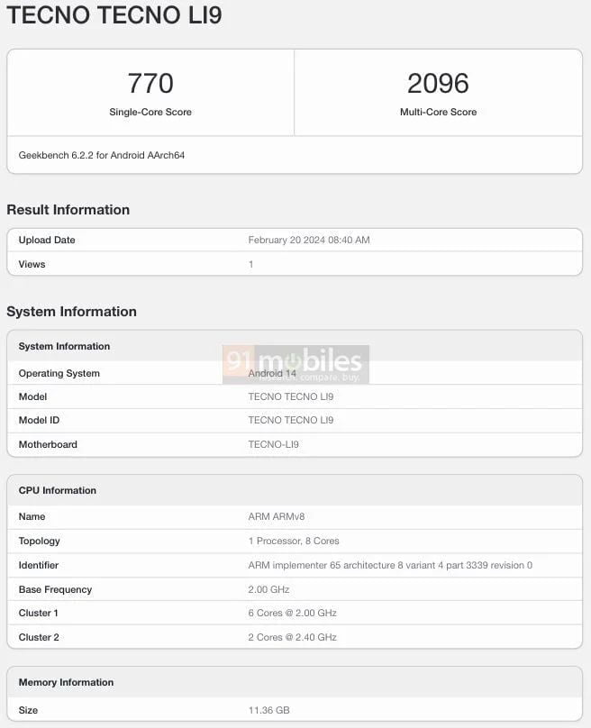 Tecno POVA 6 Pro: Everything We Know So Far 1 A geekbench listing about tecno pro 6 pro, revealing the key specifications.