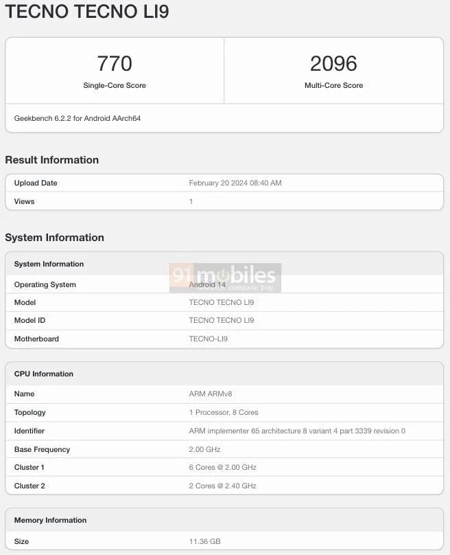 A geekbench listing about tecno pro 6 pro, revealing the key specifications.