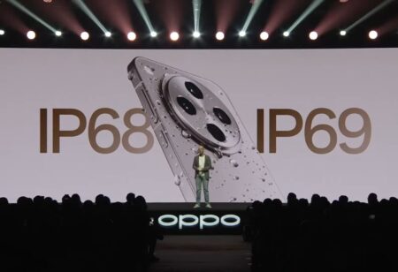 A large screen displays a close-up of the silver Oppo Find X8 smartphone, covered in water droplets, with 'IP68' and 'IP69' prominently displayed on either side. A person stands on a stage in front of the screen, addressing an audience. The Oppo logo is visible at the bottom of the screen.