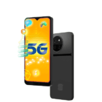 A black TNT Panalo 5G smartphone is shown, angled to display both the front and back. The front screen shows a bright yellow background with a prominent "5G" logo and app icons suggesting multimedia and gaming capabilities.