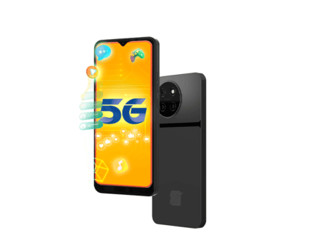 A black TNT Panalo 5G smartphone is shown, angled to display both the front and back. The front screen shows a bright yellow background with a prominent "5G" logo and app icons suggesting multimedia and gaming capabilities.